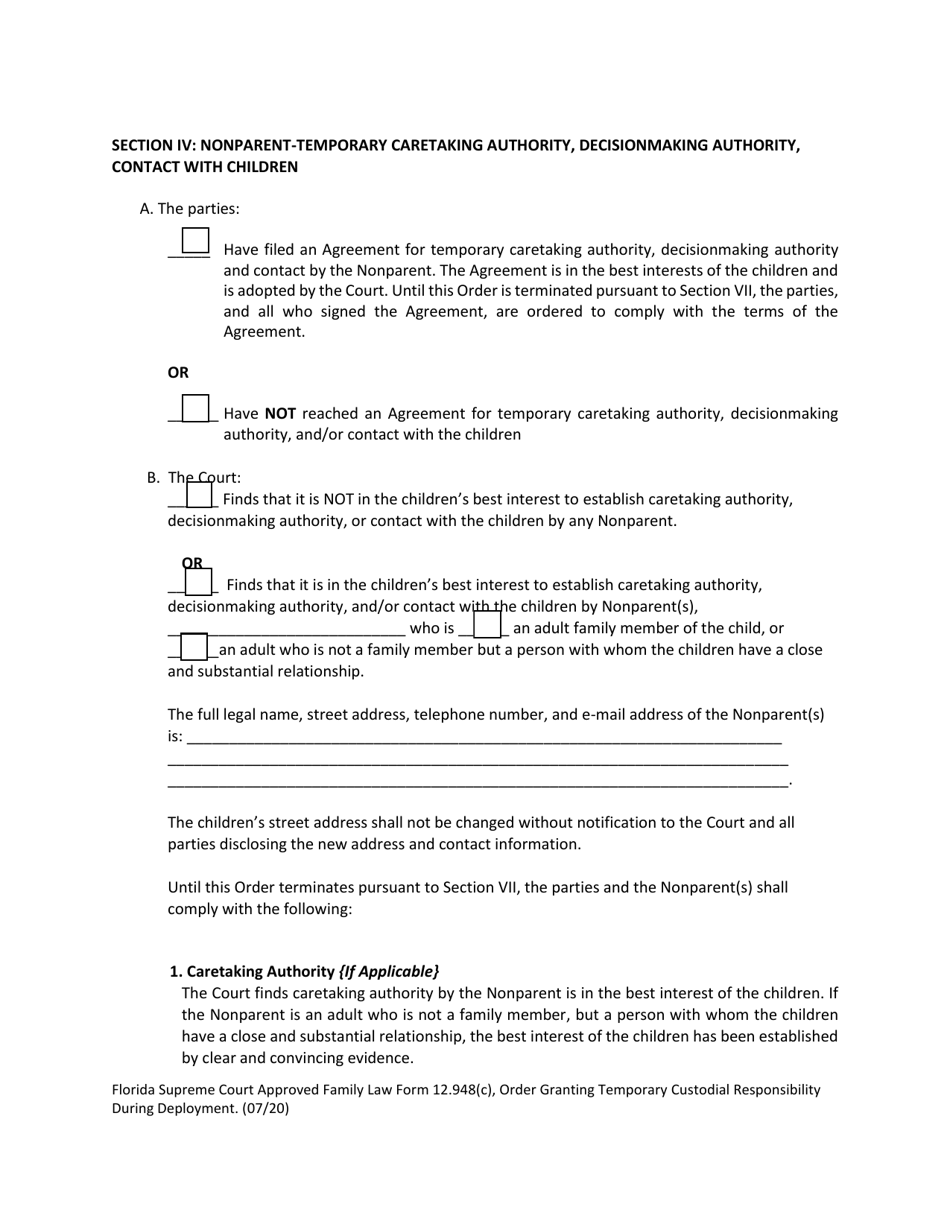 Family Law Form 12.948(C) Order Granting Temporary Custodial Responsibility During Deployment - Florida, Page 4