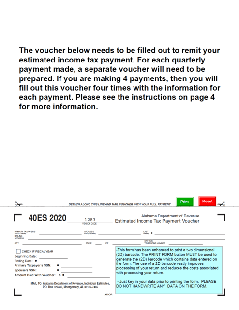 Form 40ES Estimated Income Tax Payment Voucher - Alabama, 2020