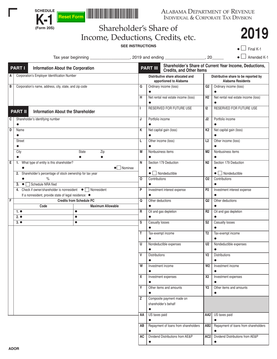 Form 20S Schedule K-1 Shareholders Share of Income, Deductions, Credits, Etc. - Alabama, Page 1