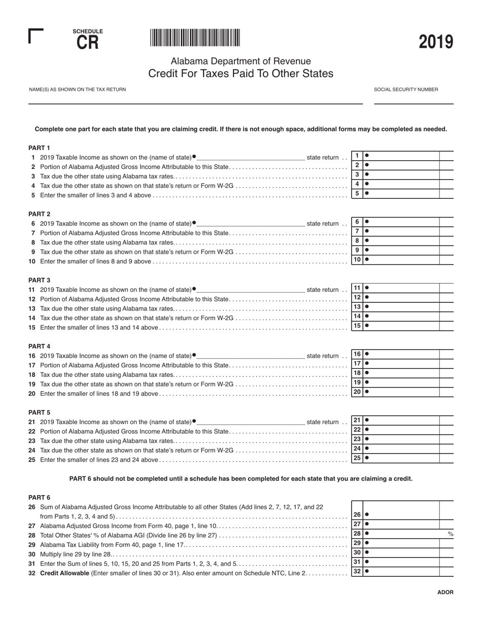 2019 Alabama Credit for Taxes Paid to Other States Fill Out, Sign