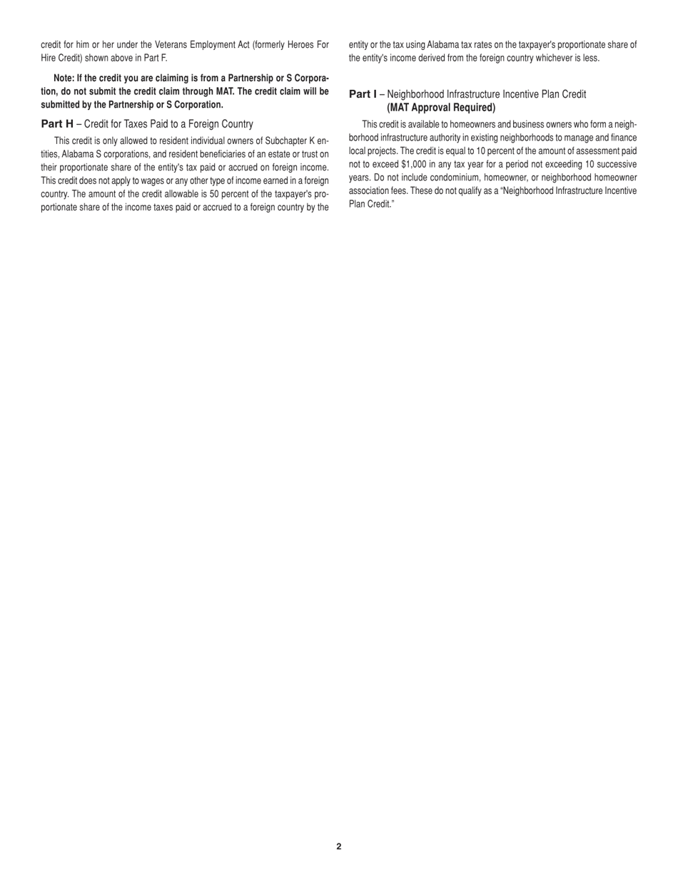 Instructions for Schedule OC Other Available Credits - Alabama, Page 2