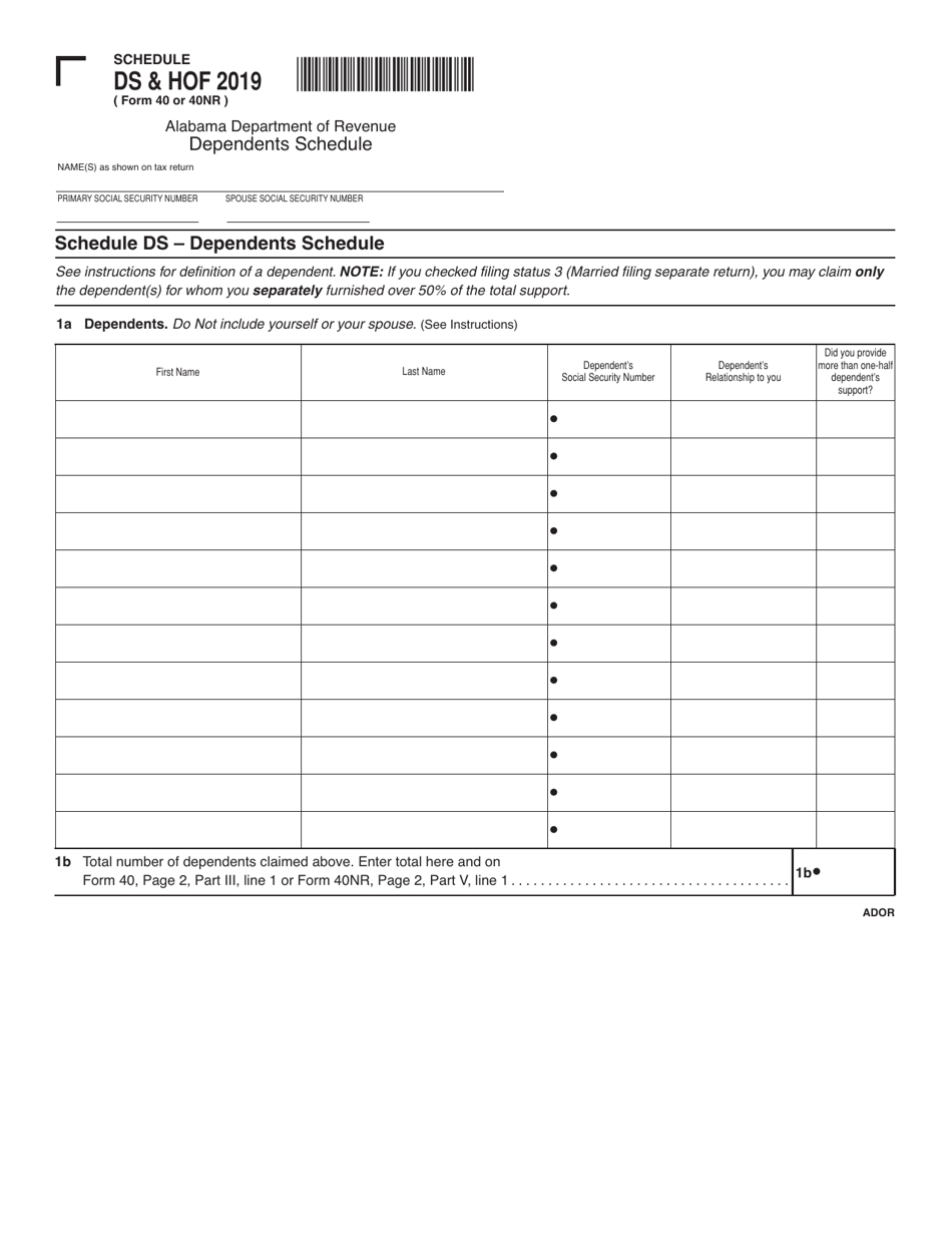 Form 40 (40NR) Schedule DS, HOF Download Printable PDF or Fill Online Dependents Schedule and