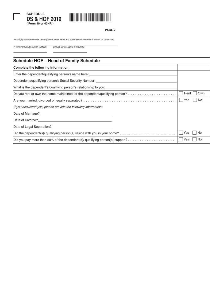 Form 40 40nr Schedule Ds Hof 2019 Fill Out Sign Online And Download Printable Pdf