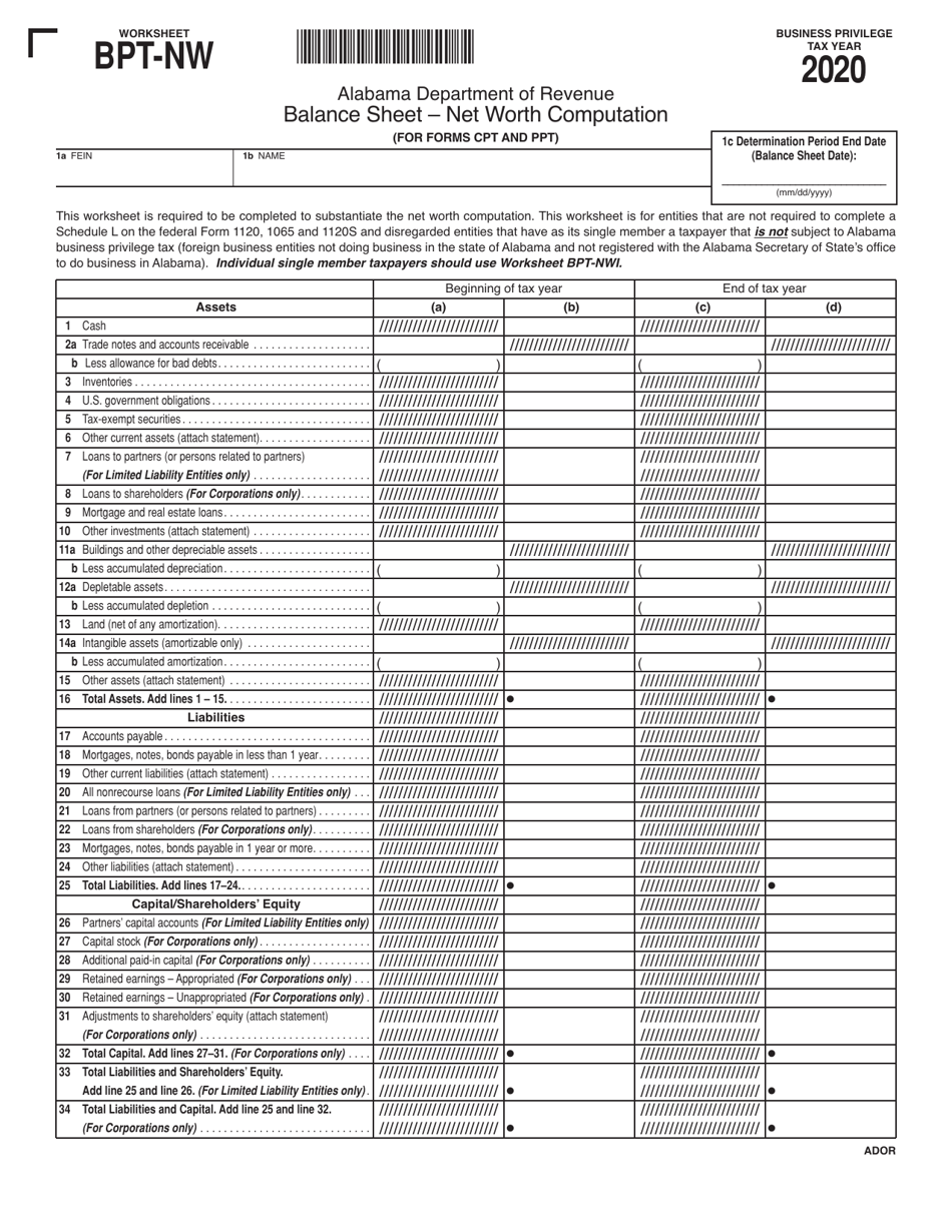 Worksheet BPT-NW Download Printable PDF or Fill Online Balance Sheet