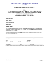 Form VSP-2 Authorization to Obtain Traffic Violation Record From Department of Finance and Admininstration, Office of Driver Services - Arkansas