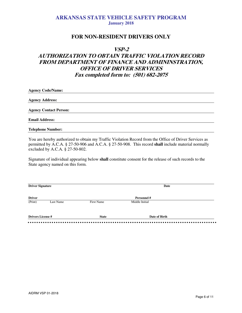 Form VSP-2 Authorization to Obtain Traffic Violation Record From Department of Finance and Admininstration, Office of Driver Services - Arkansas, Page 1