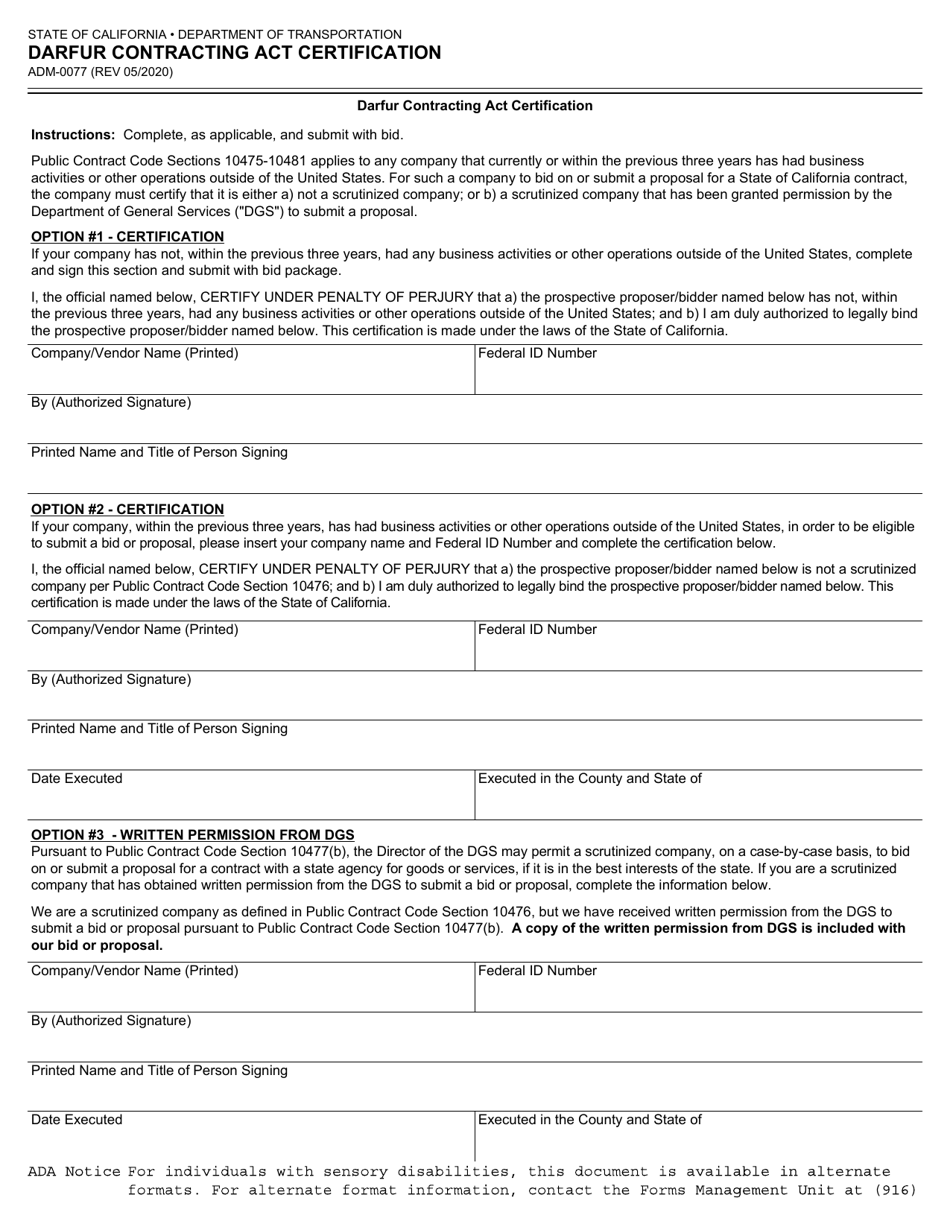 Form ADM-0077 Darfur Contracting Act Certification - California, Page 1