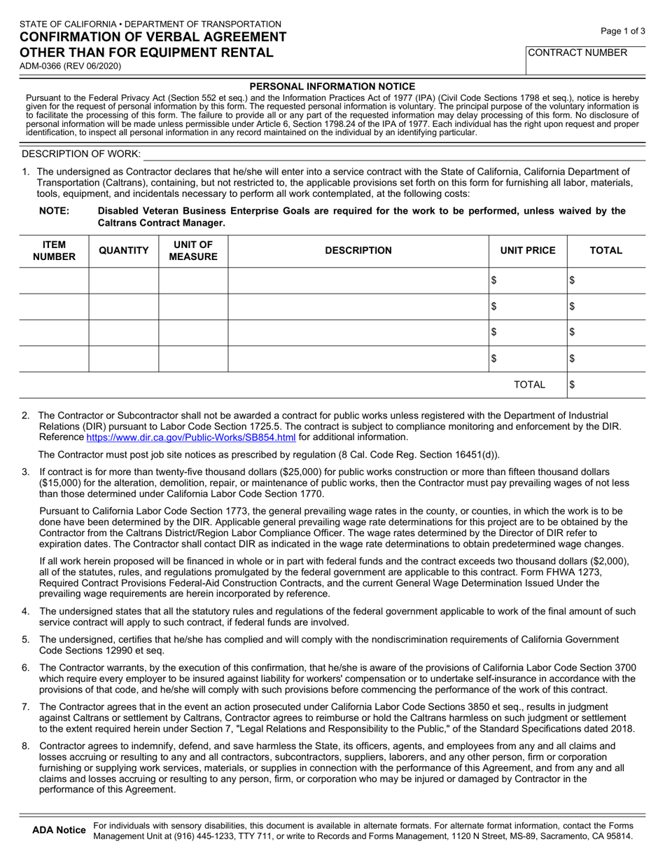 Form ADM-0366 Confirmation of Verbal Agreement Other Than for Equipment Rental - California, Page 1