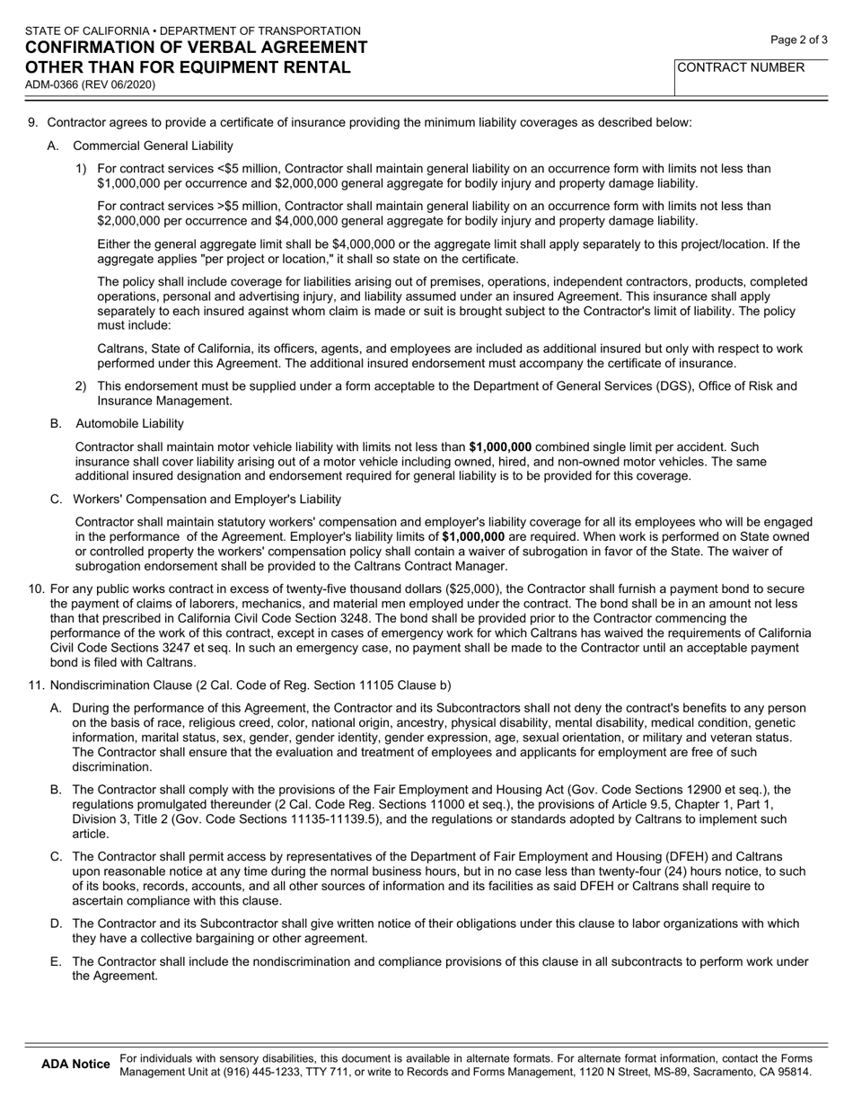 Form ADM-0366 Confirmation of Verbal Agreement Other Than for Equipment Rental - California, Page 2