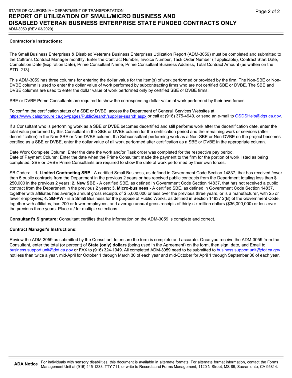Form ADM-3059 Report of Utilization of Small / Micro Business and Disabled Veteran Business Enterprise State Funded Contracts Only - California, Page 2