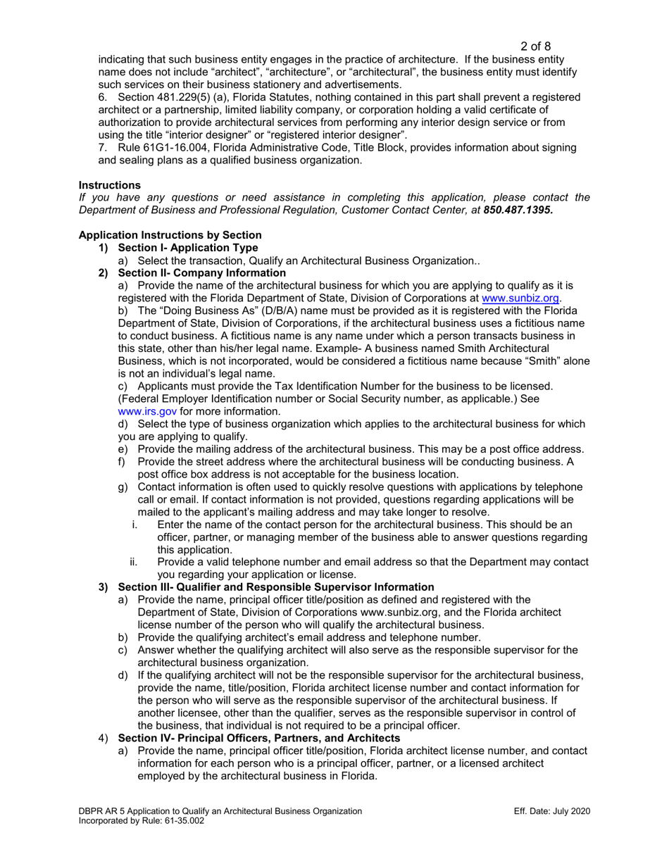 Form DBPR AR5 Application to Qualify Architectural Business Organization - Florida, Page 2
