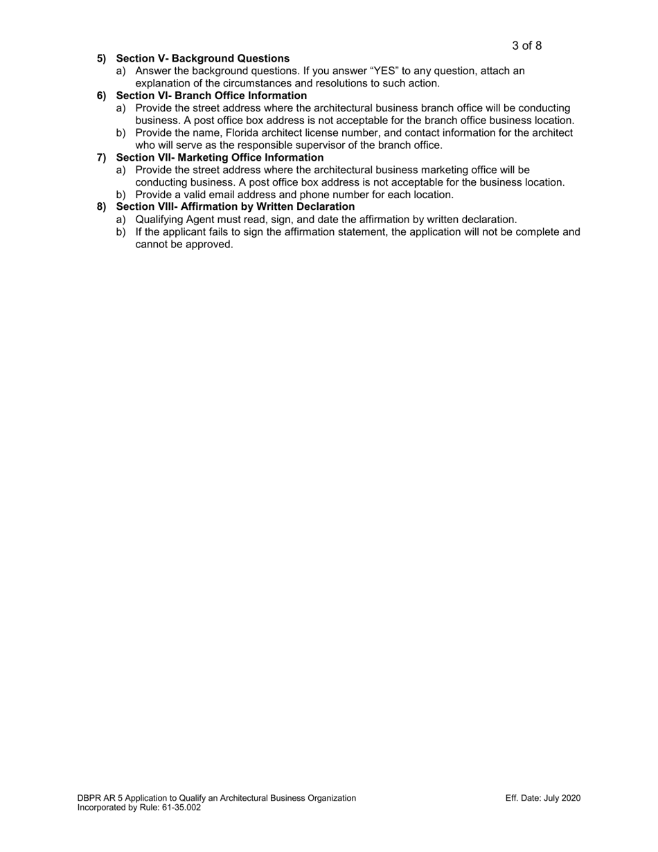 Form DBPR AR5 Application to Qualify Architectural Business Organization - Florida, Page 3