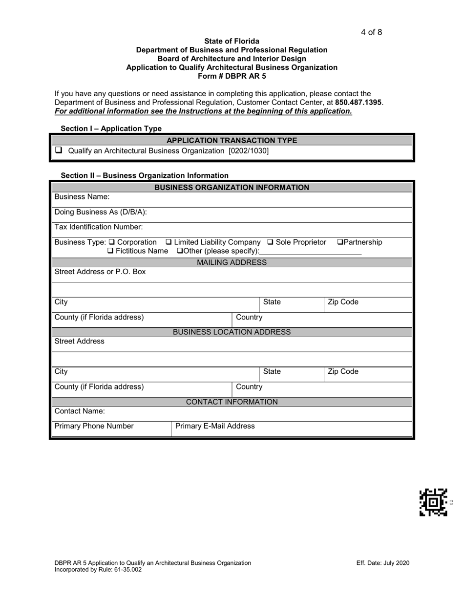 Form DBPR AR5 Application to Qualify Architectural Business Organization - Florida, Page 4