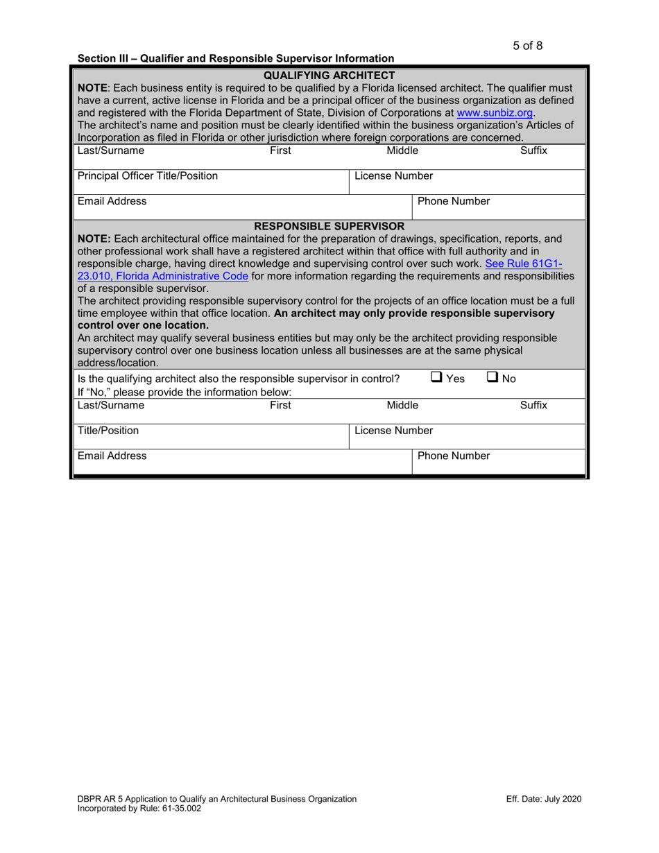 Form DBPR AR5 Application to Qualify Architectural Business Organization - Florida, Page 5