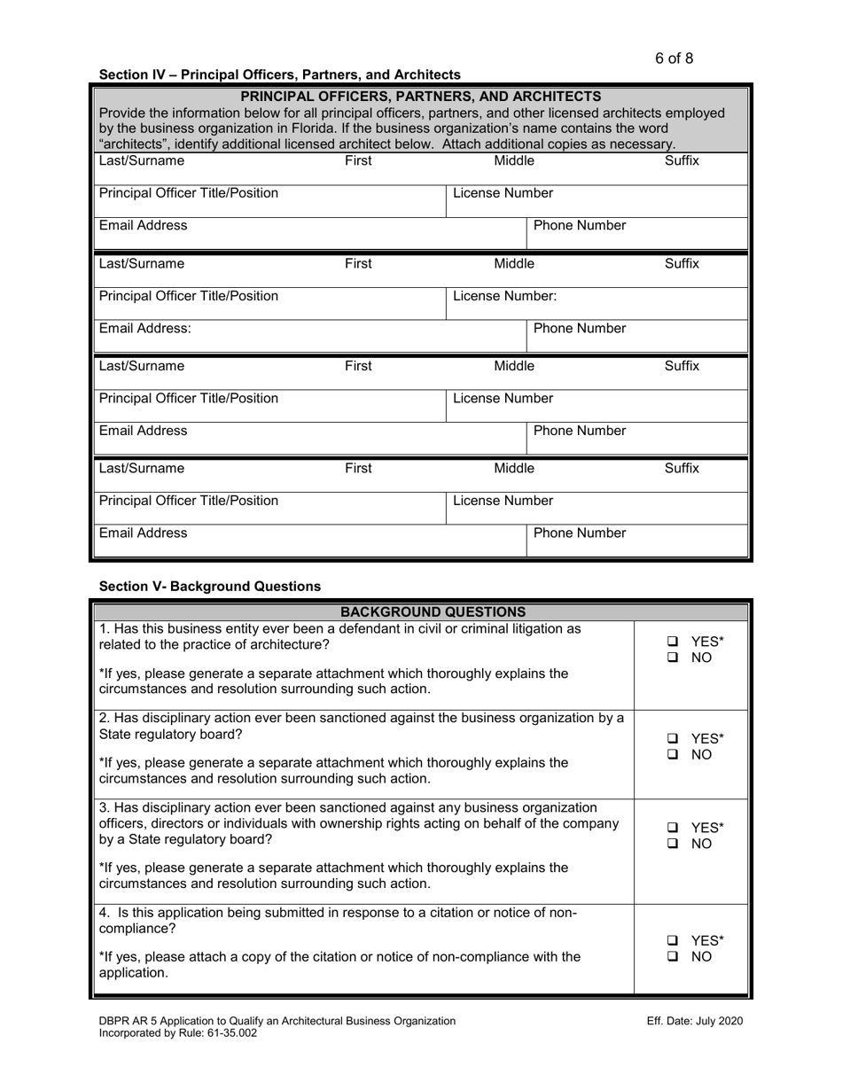 Form DBPR AR5 Application to Qualify Architectural Business Organization - Florida, Page 6