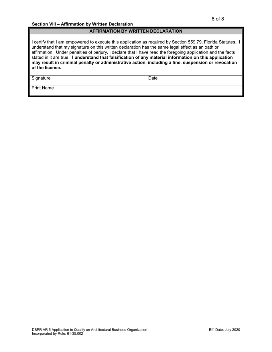 Form DBPR AR5 Application to Qualify Architectural Business Organization - Florida, Page 8