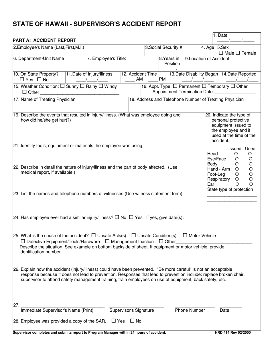 HRD Form 414 Supervisors Accident Investigation - Hawaii, Page 1