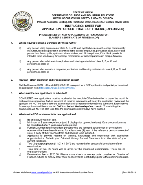 Application for Certificate of Fitness (Explosives) - Hawaii Download Pdf