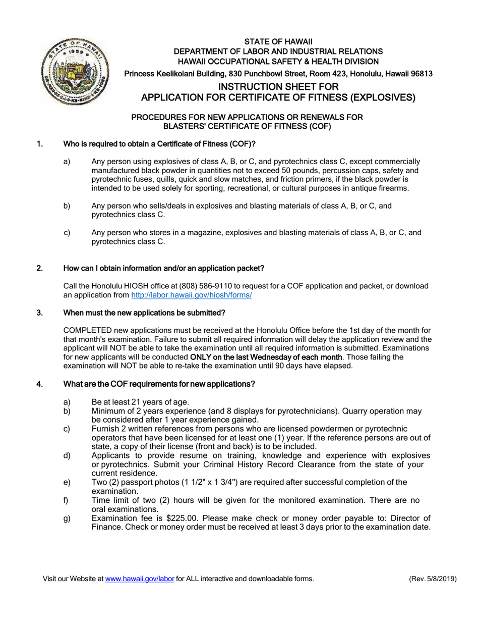 Application for Certificate of Fitness (Explosives) - Hawaii, Page 1