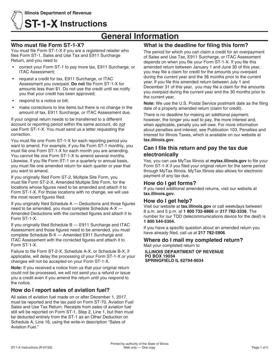 Instructions for Form ST-1-X, 003 Amended Sales and Use Tax and E911 Surcharge Return - Illinois, Page 1