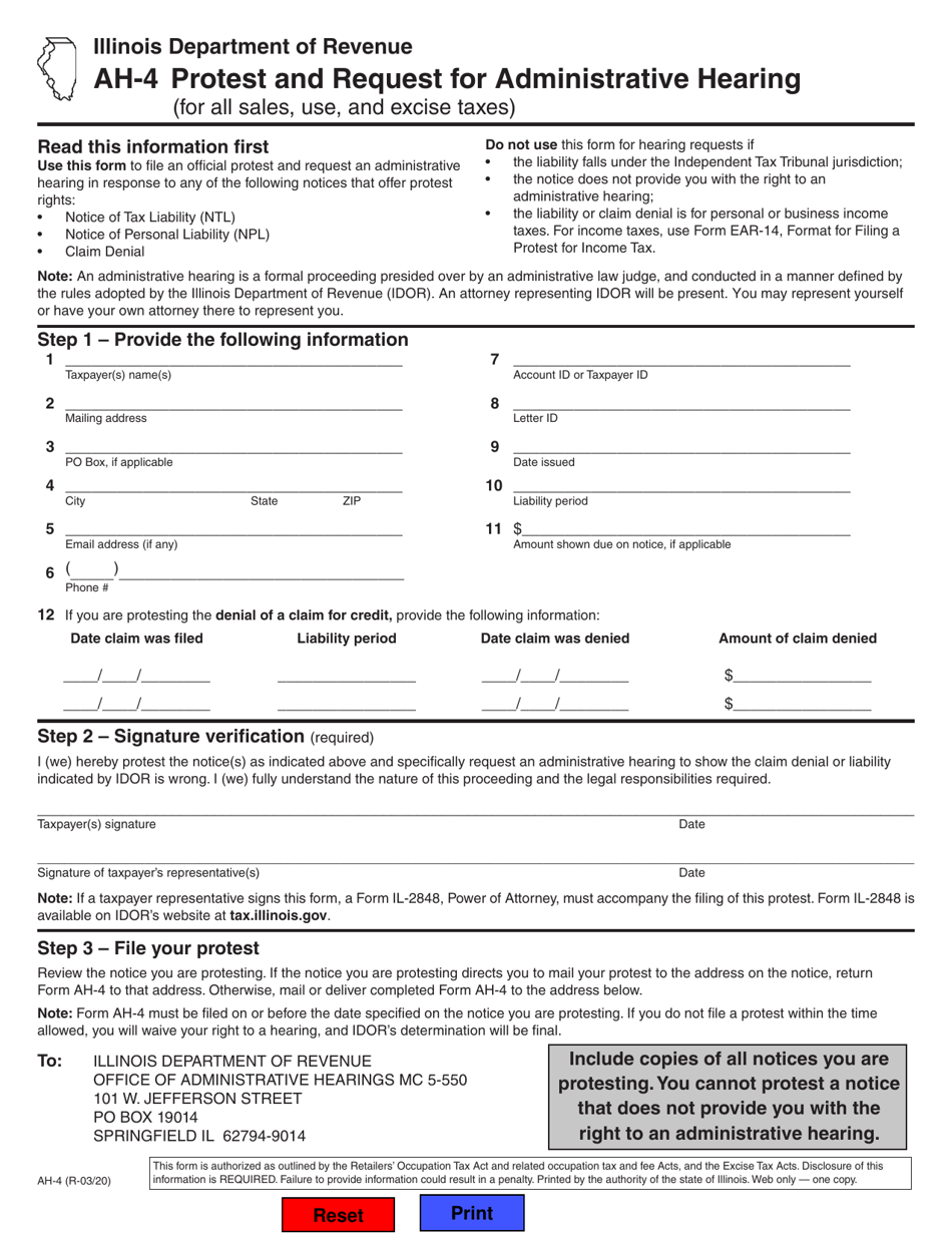 Form AH Download Fillable PDF Or Fill Online Protest And Request For Administrative Hearing