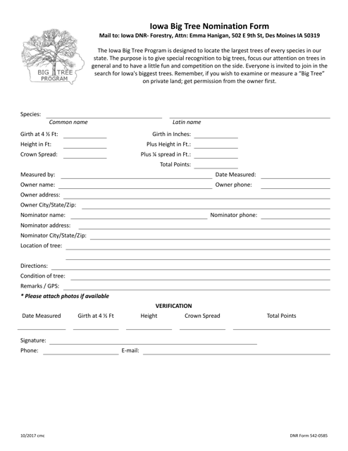 Document preview: DNR Form 542-0585 Iowa Big Tree Nomination Form - Iowa