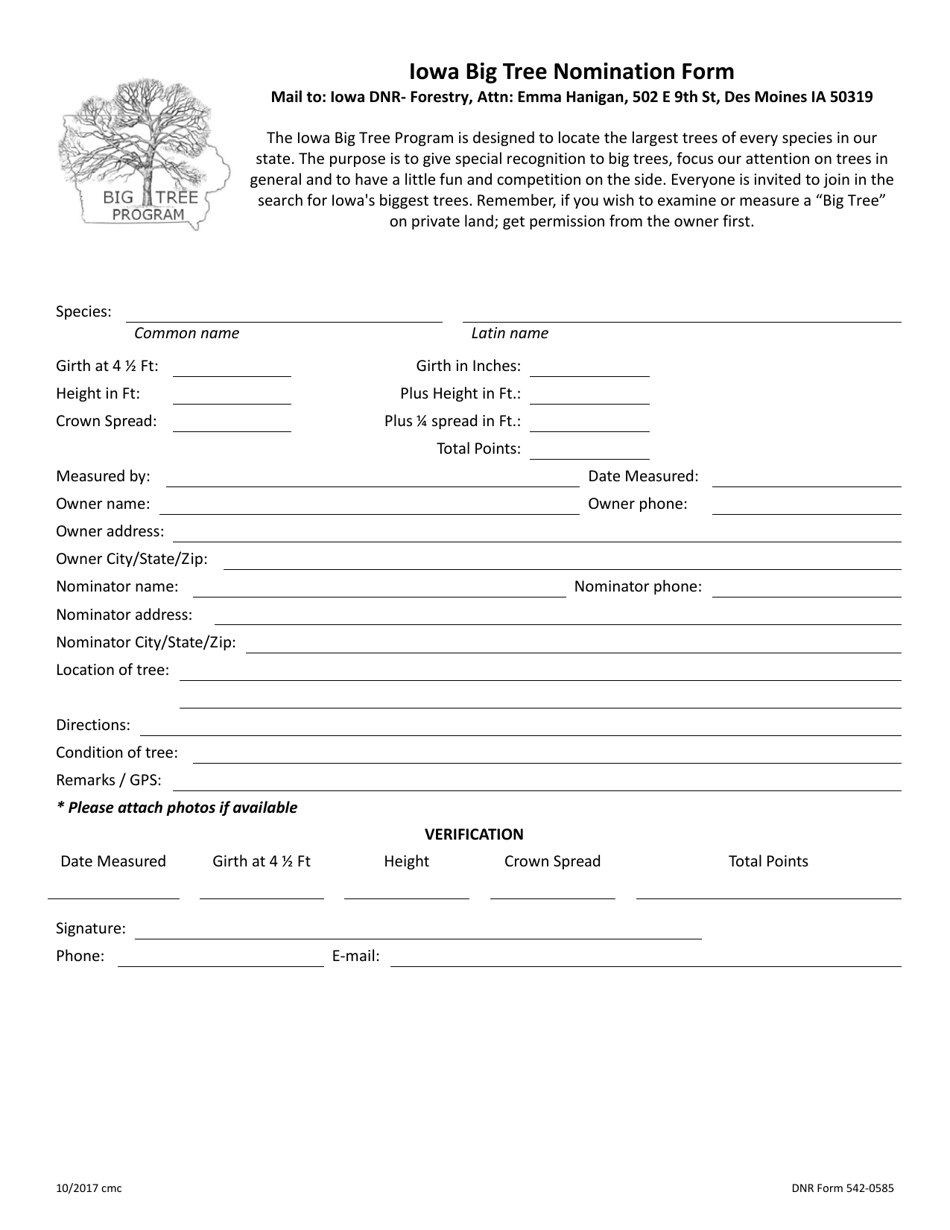 DNR Form 542-0585 Iowa Big Tree Nomination Form - Iowa, Page 1