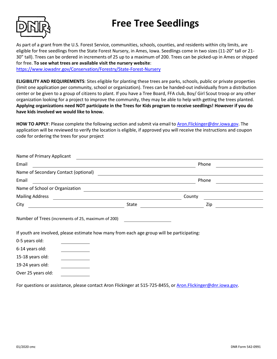 DNR Form 542-0991 Free Tree Seedlings - Iowa, Page 1
