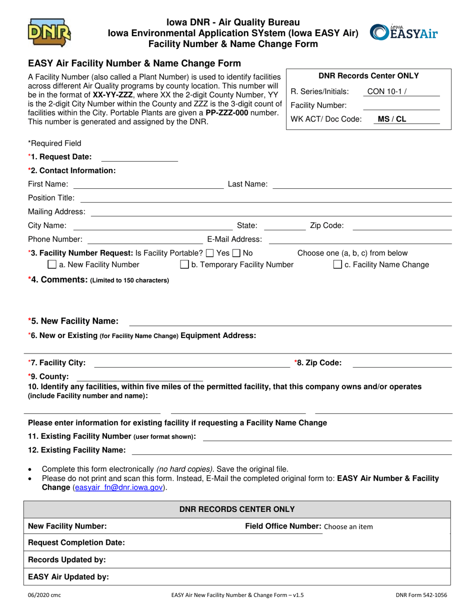 DNR Form 542-1056 Easy Air Facility Number  Name Change Form - Iowa, Page 1