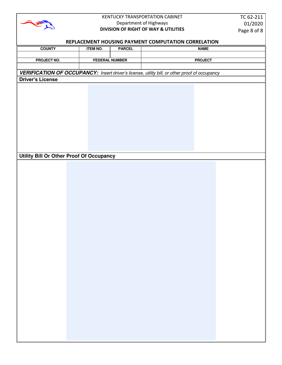 Form TC62-211 Replacement Housing Payment Computation Correlation - Kentucky, Page 8