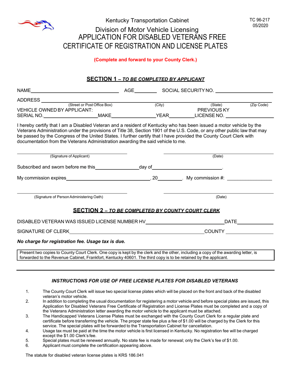 Form TC96-217 Application for Disabled Veterans Free Certificate of Registration and License Plates - Kentucky, Page 1