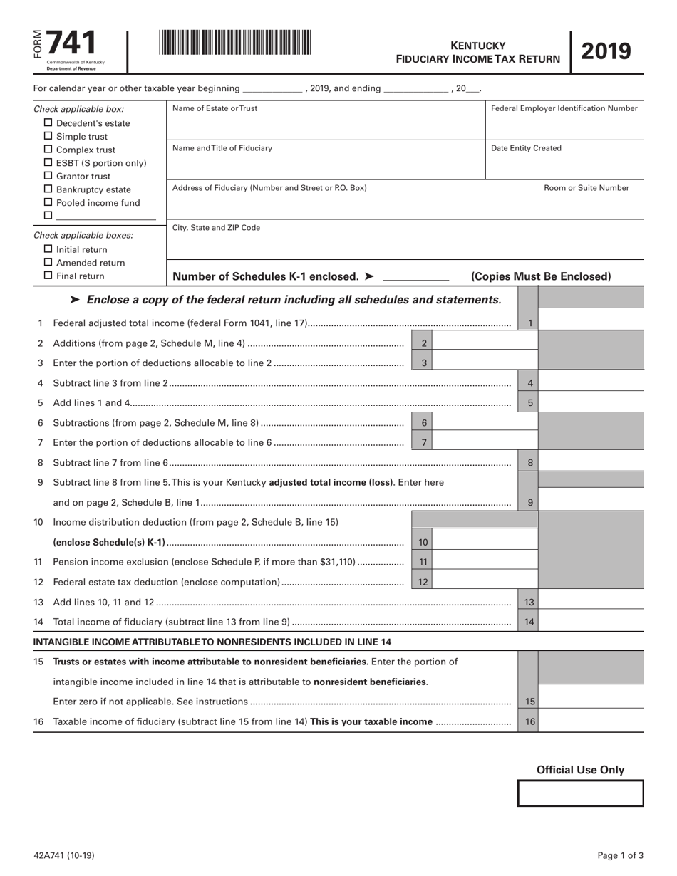 Form 741 Kentucky Fiduciary Income Tax Return - Kentucky, Page 1