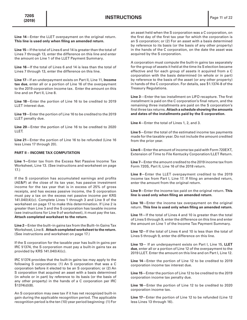 Download Instructions For Form 720s 41a720s Kentucky S Corporation Income Tax And Llet Return 4079