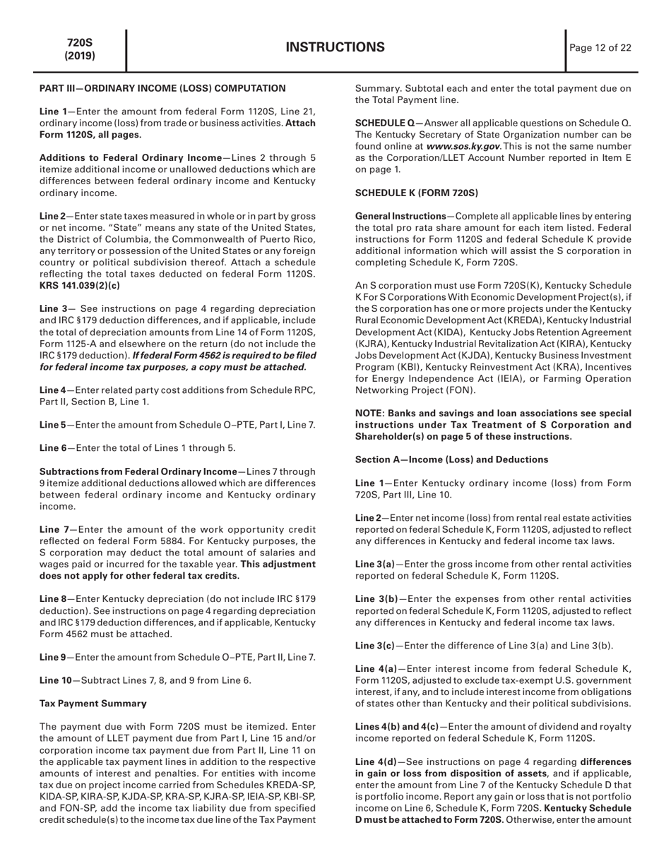 Instructions for Form 720S, 41A720S Kentucky S Corporation Income Tax and Llet Return - Kentucky, Page 12