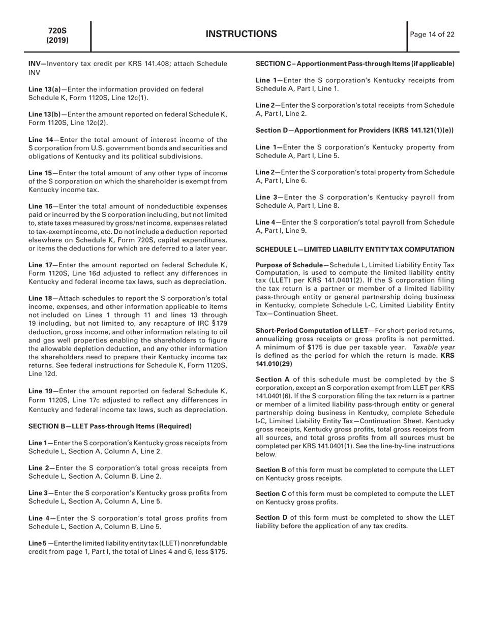 Instructions for Form 720S, 41A720S Kentucky S Corporation Income Tax and Llet Return - Kentucky, Page 14
