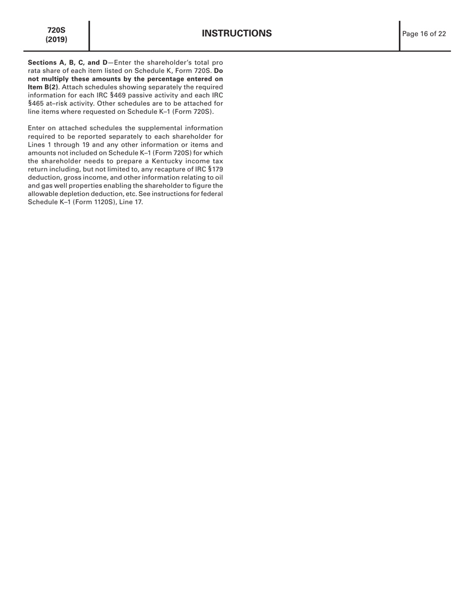 Instructions for Form 720S, 41A720S Kentucky S Corporation Income Tax and Llet Return - Kentucky, Page 16