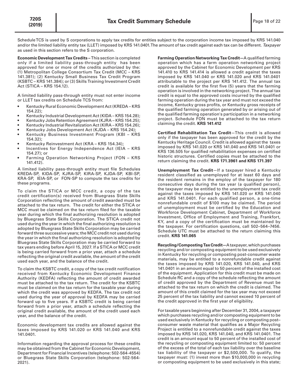 Instructions for Form 720S, 41A720S Kentucky S Corporation Income Tax and Llet Return - Kentucky, Page 18