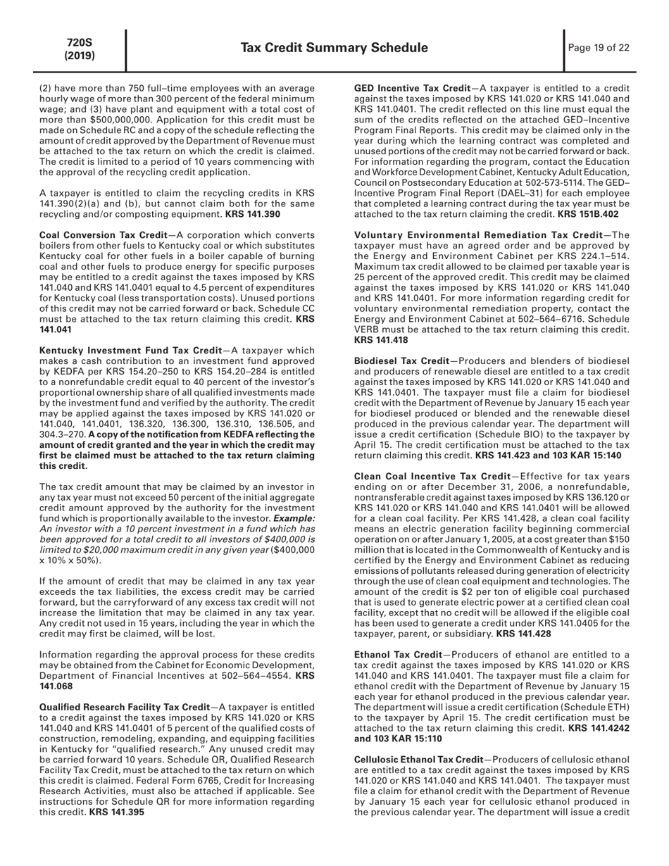 Instructions for Form 720S, 41A720S Kentucky S Corporation Income Tax and Llet Return - Kentucky, Page 19