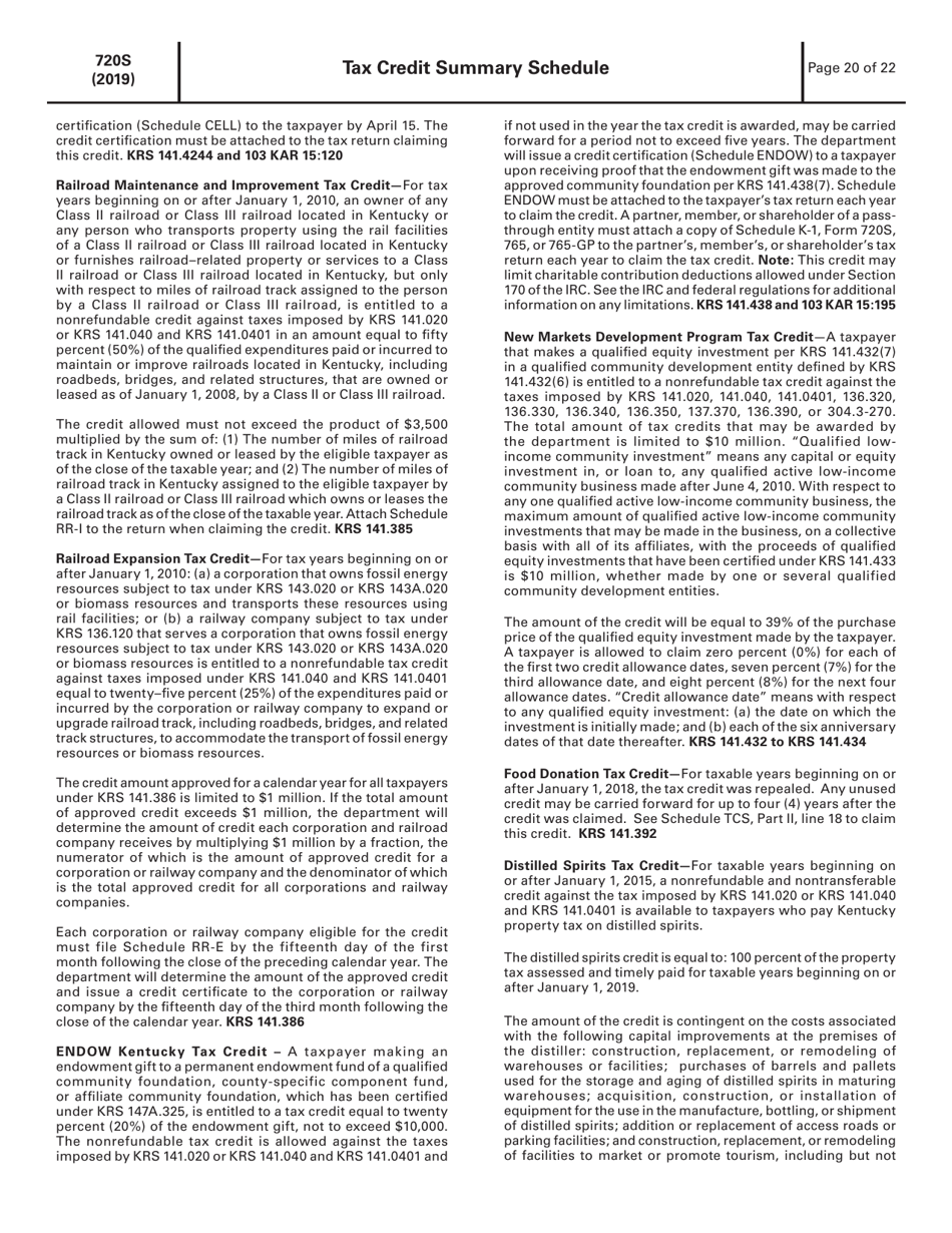 Instructions for Form 720S, 41A720S Kentucky S Corporation Income Tax and Llet Return - Kentucky, Page 20