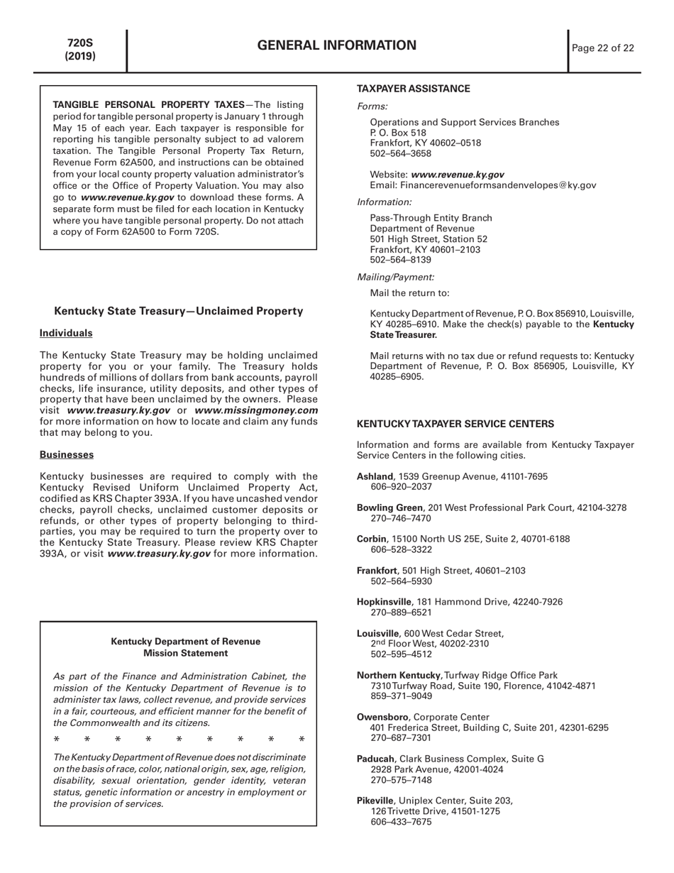 Instructions for Form 720S, 41A720S Kentucky S Corporation Income Tax and Llet Return - Kentucky, Page 22