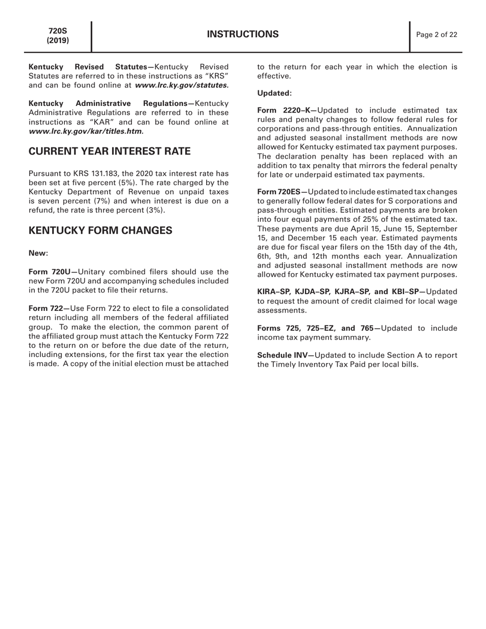 Instructions for Form 720S, 41A720S Kentucky S Corporation Income Tax and Llet Return - Kentucky, Page 2
