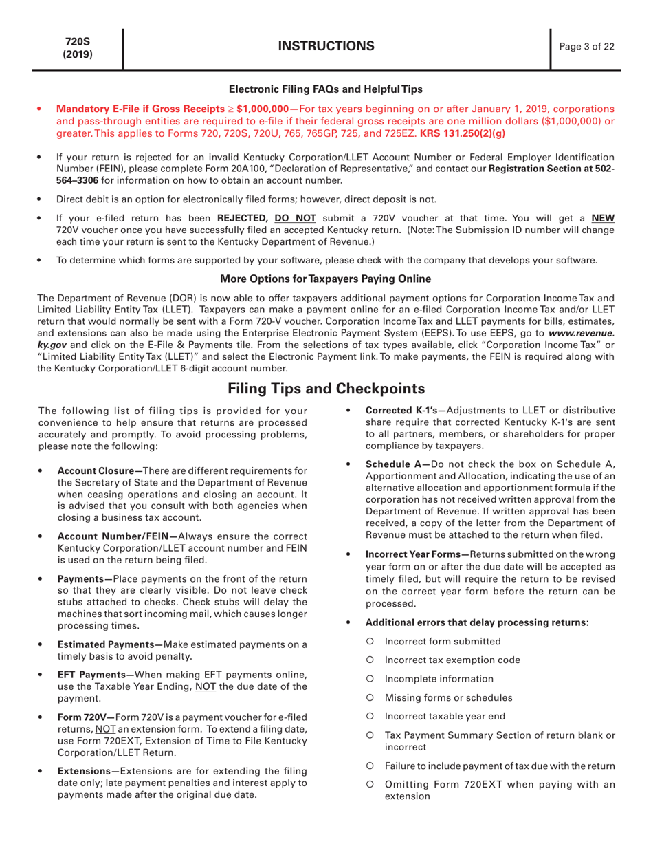 Instructions for Form 720S, 41A720S Kentucky S Corporation Income Tax and Llet Return - Kentucky, Page 3