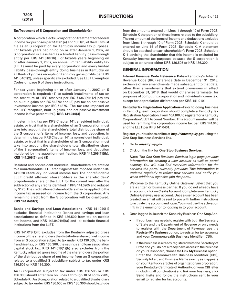 Instructions for Form 720S, 41A720S Kentucky S Corporation Income Tax and Llet Return - Kentucky, Page 5