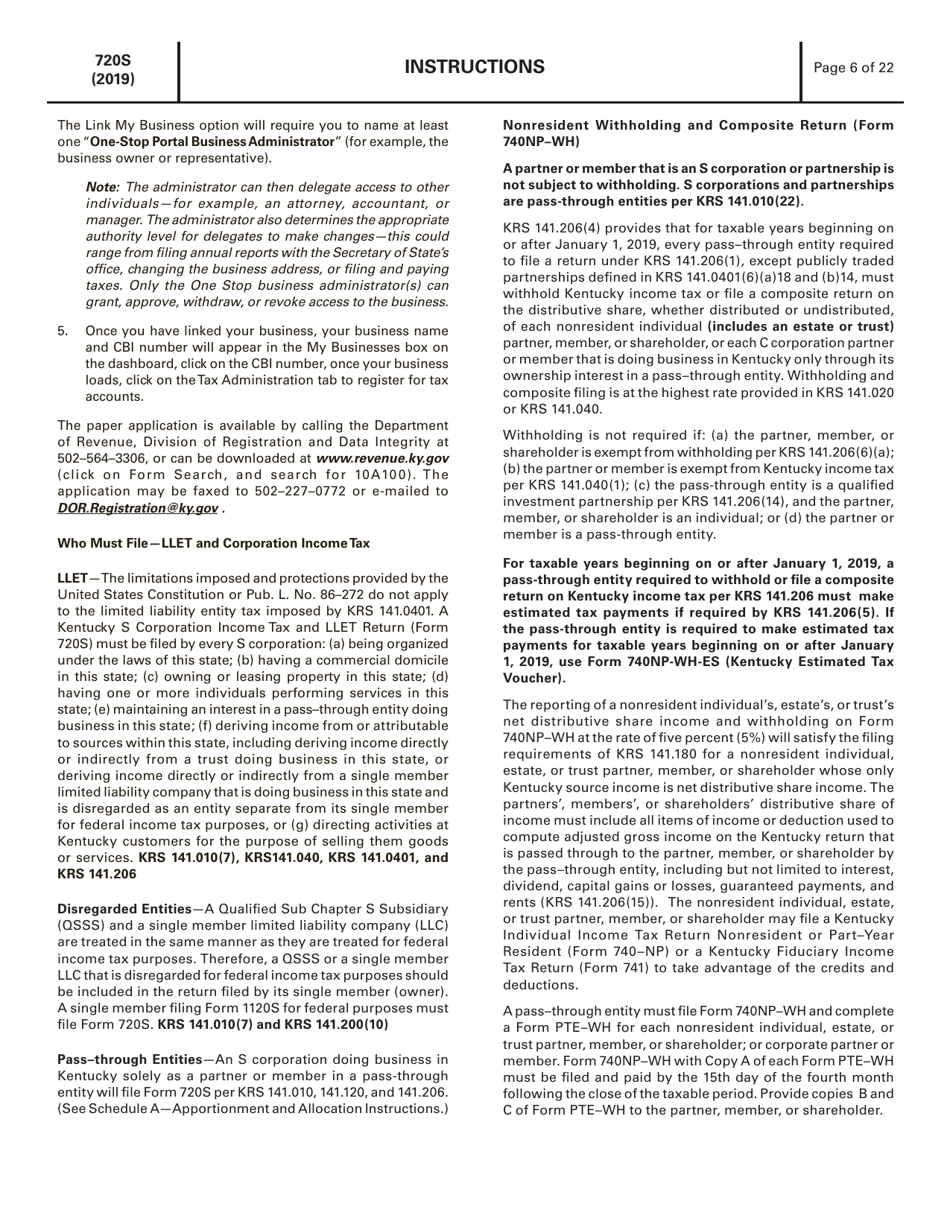 Download Instructions For Form 720s 41a720s Kentucky S Corporation Income Tax And Llet Return 0132