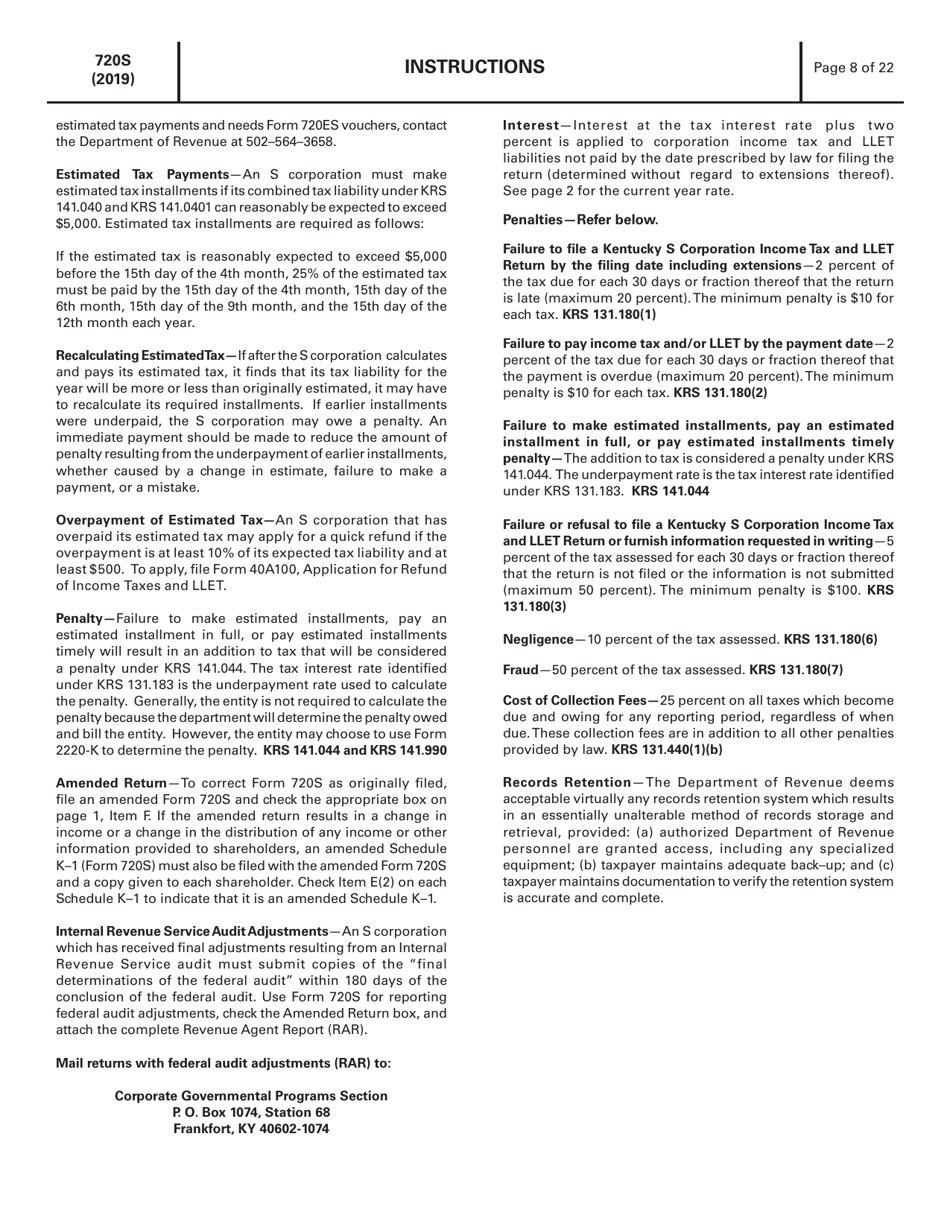 Instructions for Form 720S, 41A720S Kentucky S Corporation Income Tax and Llet Return - Kentucky, Page 8
