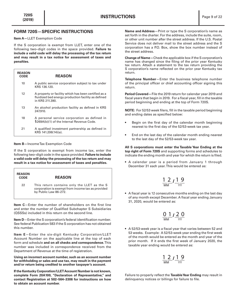 Instructions for Form 720S, 41A720S Kentucky S Corporation Income Tax and Llet Return - Kentucky, Page 9
