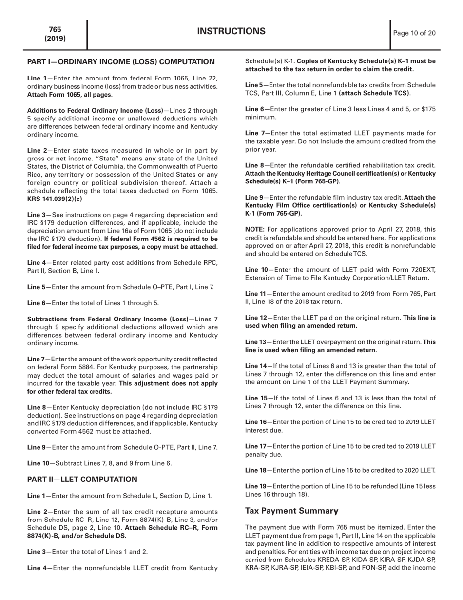 Instructions for Form 765 Kentucky Partnership Income and Llet Return - Kentucky, Page 10
