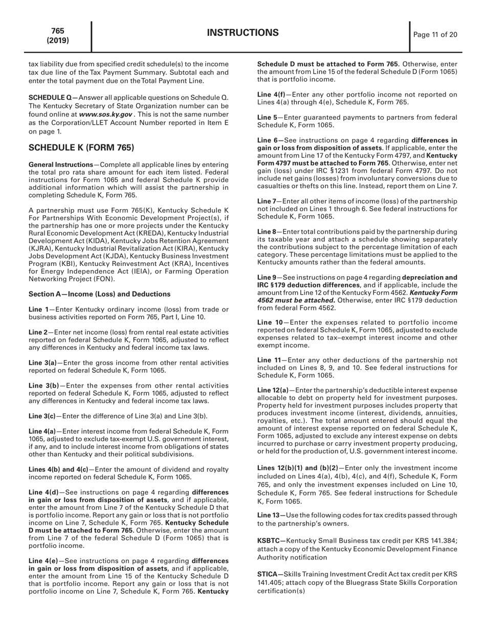 Instructions for Form 765 Kentucky Partnership Income and Llet Return - Kentucky, Page 11