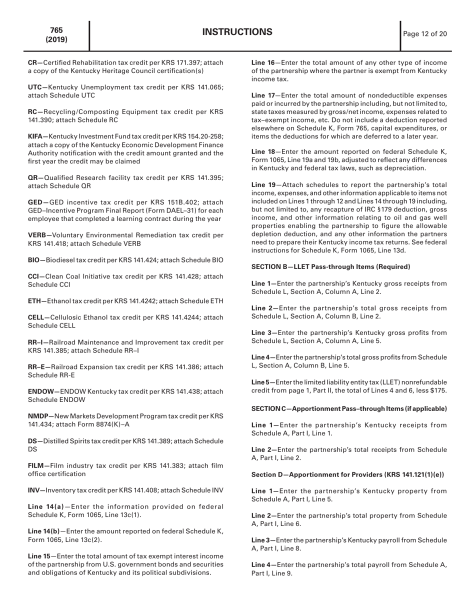 Instructions for Form 765 Kentucky Partnership Income and Llet Return - Kentucky, Page 12