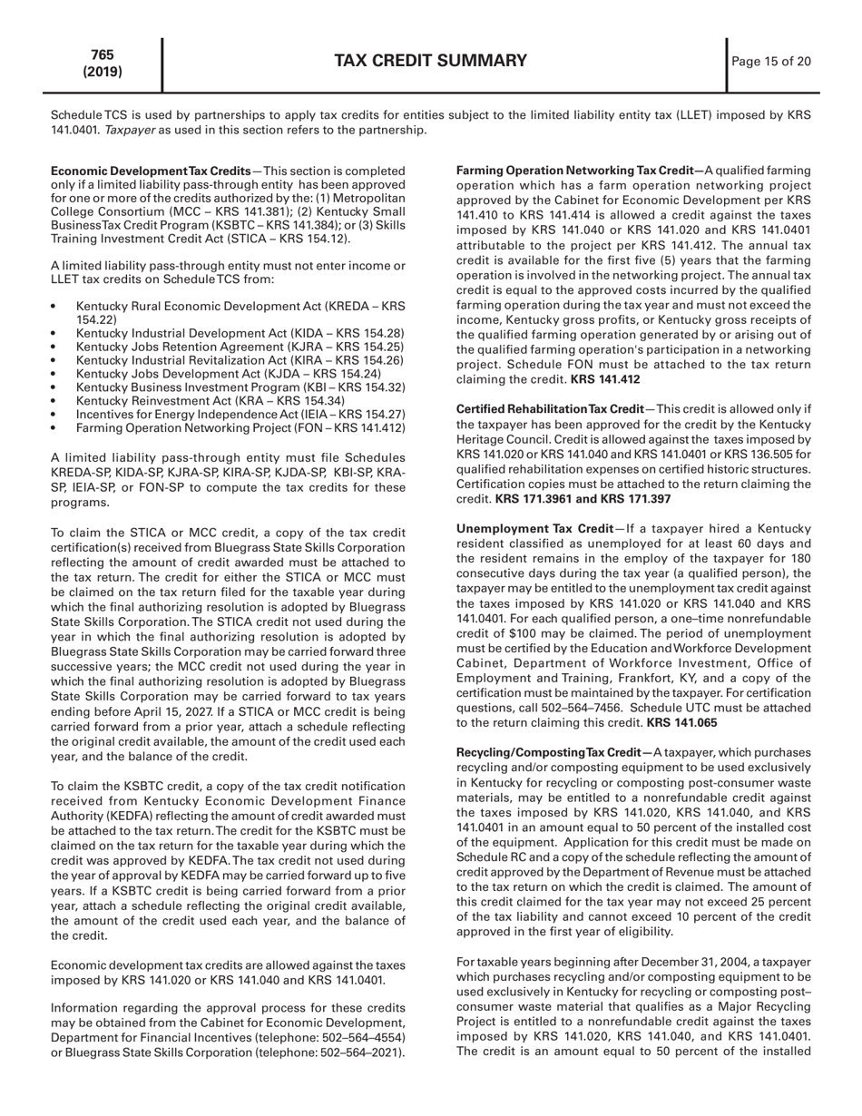 Instructions for Form 765 Kentucky Partnership Income and Llet Return - Kentucky, Page 15